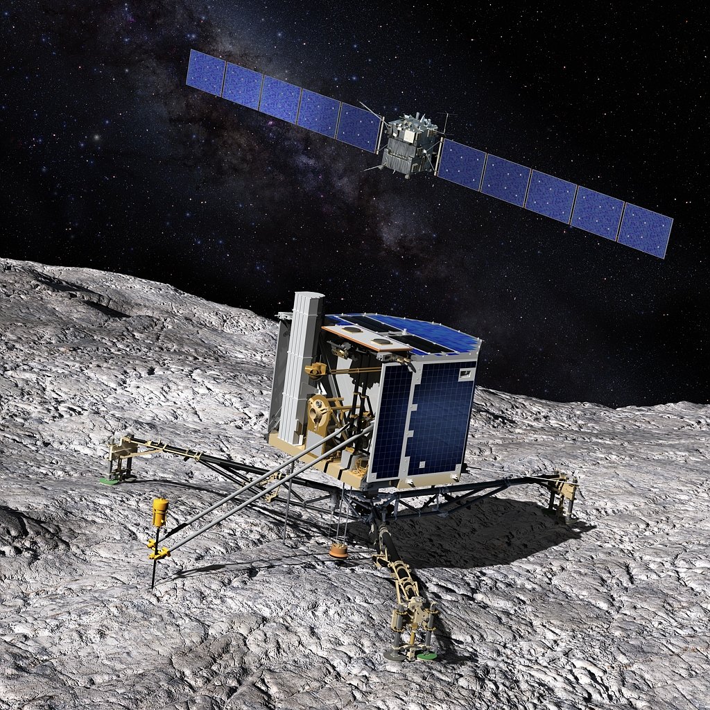 Illustration du satellite Rosetta et de l'atterrisseur Philae.  (© CNES/ill./EKIS France, 2014). 