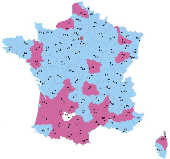 Carte des départements de la France métropolitaine après les élections départementales 2015 (© DR 1Jour1Actu)