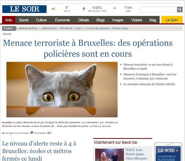 Le site du journal belge Le soir, dimanche 22 novembre 2015. (Twitter / Le soir)