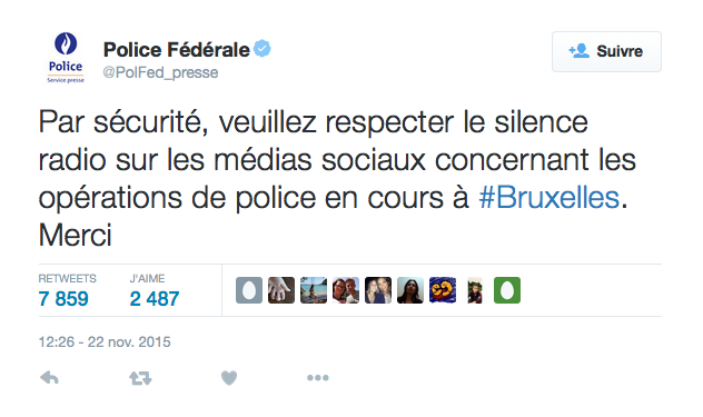 Le tweet publié par la police fédérale belge dimanche 22 novembre 2015. (Twitter / Police fédérale belge)