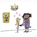 Une belle jeune femme et un monstre poilu se tiennent amoureusement par la main. On voit un tableau avec un jeune homme noble derrière eux.