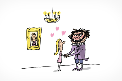 Une belle jeune femme et un monstre poilu se tiennent amoureusement par la main. On voit un tableau avec un jeune homme noble derrière eux.