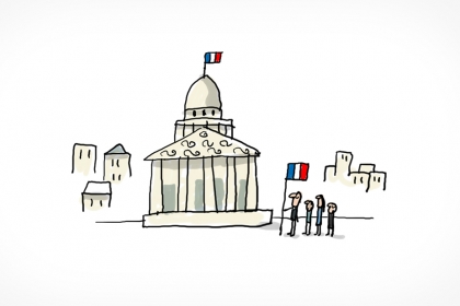 Un groupe de personnes tenant un drapeau français, se trouve devant le Panthéon. C'est un immense bâtiment beige avec des colonnes et un dôme, sur lequel se trouve aussi un drapeau français.