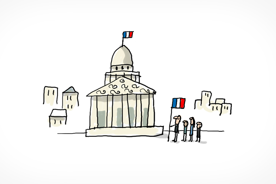 Un groupe de personnes tenant un drapeau français, se trouve devant le Panthéon. C'est un immense bâtiment beige avec des colonnes et un dôme, sur lequel se trouve aussi un drapeau français.