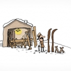 Un personnage moustachu et vêtu de peaux de bêtes, est en train de fabriquer des skis en bois. Derrière lui se trouve son atelier de menuiserie, qui est une cabane en bois dans la neige.