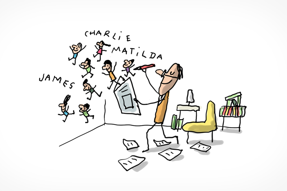 Debout dans son salon, Roald Dahl, un vieux monsieur à lunettes, est en train d'inventer ses personnages les plus connus : Charlie, Matilda, James...