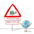 Un panneau danger montre une tortue avec l'inscription "Attention, très utile"
