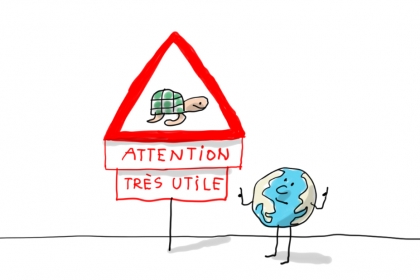 Un panneau danger montre une tortue avec l'inscription "Attention, très utile"