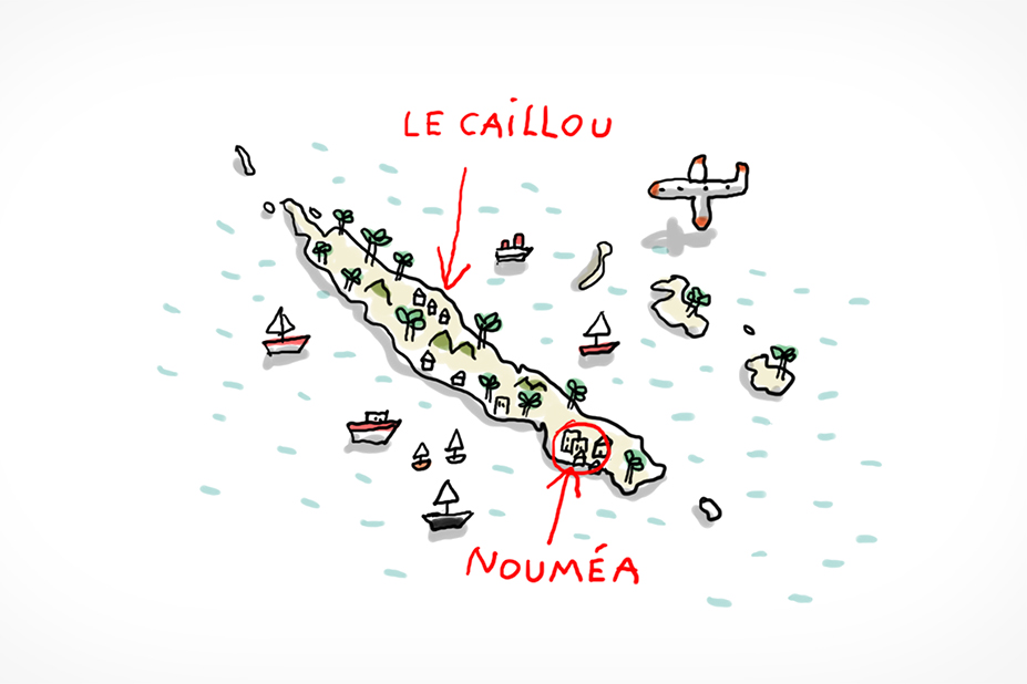 Une carte de la Nouvelle-Calédonie qui est une longue île avec des palmiers. Il y a Nouméa, la capitale, et la Nouvelle-Calédonie est surnommée "le caillou".