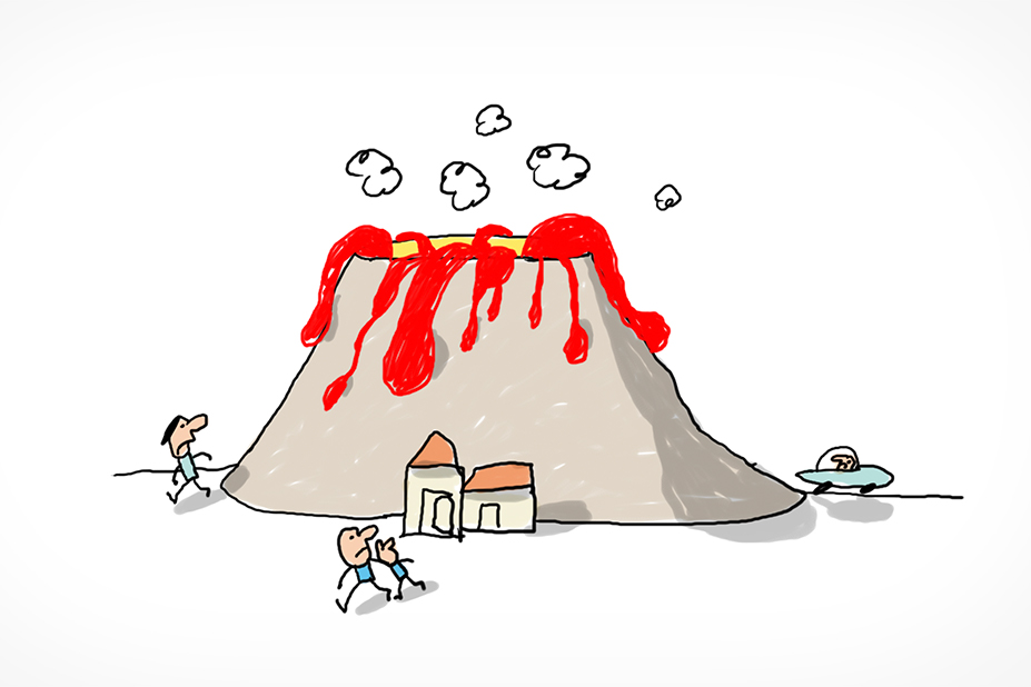 Un gros volcan en éruption, de la lave et de la fumée sortent de son cratère. En bas du volcan, un voiture et des personnes fuient apeurées par l'éruption.