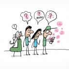 Trois enfants et un chat regardent un écran de portable. Des bulles roses sortent du téléphone. Tous sont surpris ou dégoutés car ils regardent un film pornographique.