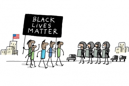 Une manifestation du mouvement Black lives matter, face à des policiers
