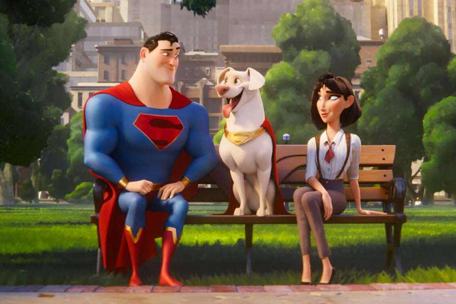 Superman et Loïs assis sur un banc, Krypto entre eux.