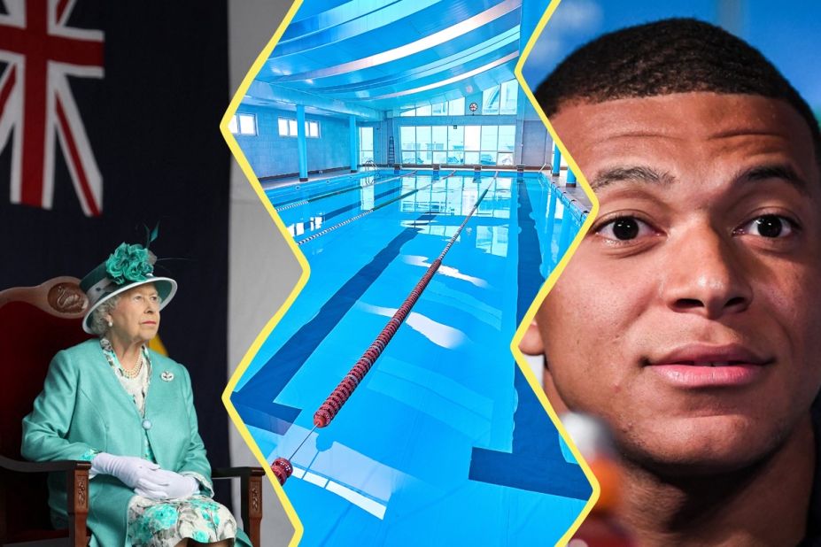 la photo de la nouvelle Première minila photo de la Reine Elizabeth II, la photo d'une piscine et la photo de Mbappé