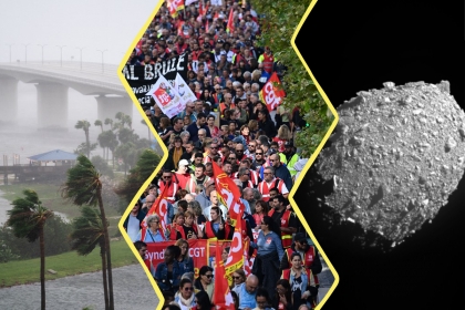 une photo coupée en trois : un visuel de la tempête Ian, une foule qui manifeste et un astéroïde