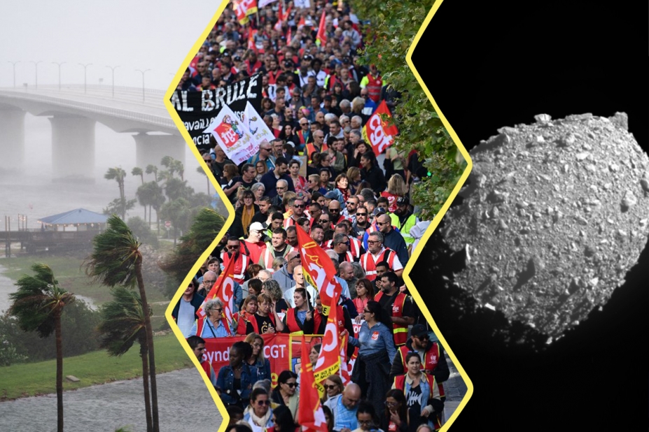 une photo coupée en trois : un visuel de la tempête Ian, une foule qui manifeste et un astéroïde