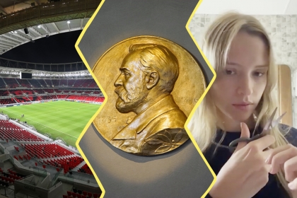 un stade de foot au Qatar, une médaille représentant Alfred Nobel, la chanteuse Angèle se coupant une mèche de cheveux