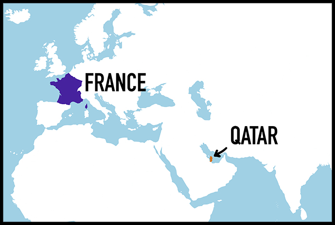 carte montrant la France et le Qatar