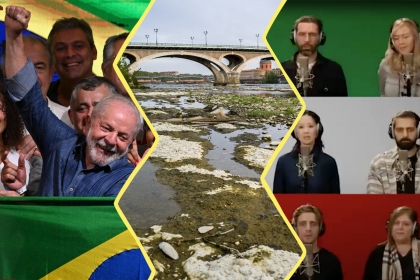 photo composite du président Lula au Brésil, d'une rivière asséchée et de chanteurs derrière un micro
