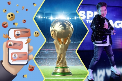 image divisée en trois. À gauche un smartphone avec des messages négatifs, au centre le trophée de la Coupe du monde, à droite le chanteur Lissandro sur scène)