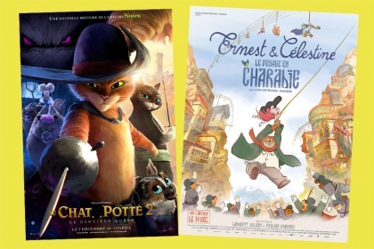 Les affiches des films Le Chat Potté 2, et Ernest et Célestine.