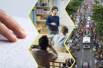 image composée de trois photos : un main lisant du braille, un enseignant dans sa classe, et le cortège de l'enterrement de Pelé