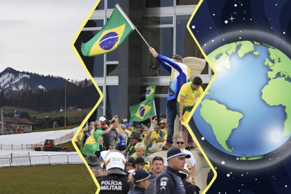 Image composée de 3 photos. À gauche, une montagne des Alpes allemande très peu enneigée, au centre, les partisans de Bolsonaro ayant envahi le palais présidentile à Brasilia, à droite un dessin de planèrte entourée d'e la couche d'ozone