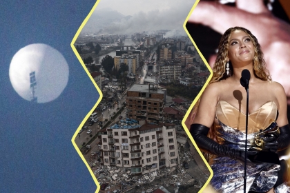 Image composée de trois photos : le ballon chinois dans le ciel américain, une vue de Hatay en Turquie recouverte de gravats, Beyonce tenant son trophée lors de la cérémonie des Grammy awards