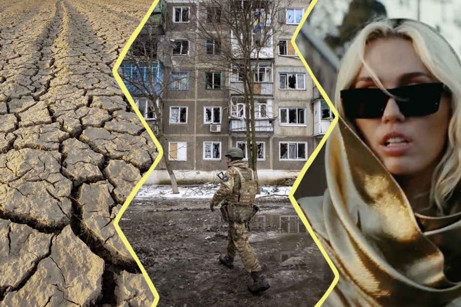 Image composée de trois photos : un sol de terre très sec, un soldat ukrainien devant un immeuble endommagé par des bombardements, Miley Cyrus dans son clip Flowers.