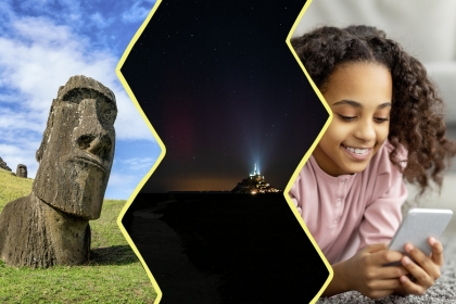 image formée de 3 photos : une statue Moai, une aurore boréale sur le Mont Saint Michel et une fillette regardant son téléphone
