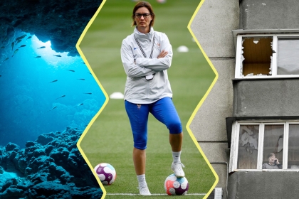 une image composée de 3 photos : un fond marin avec des poissons ; Corinne Diacre, un ballon sous le pied ; un immeuble ukrainien avec une fenêtre cassée.