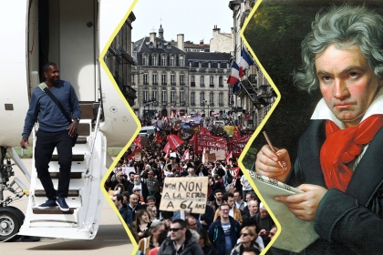 une image en trois parties : à gauche Olivier Dubois sortant de l'avion qui l'a ramené en France : au centre une manifestation contre les retraites ; à droite un portait peint de Beethoven)