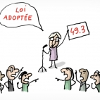 La Première Ministre représentée en train d'utiliser l'article 49.3