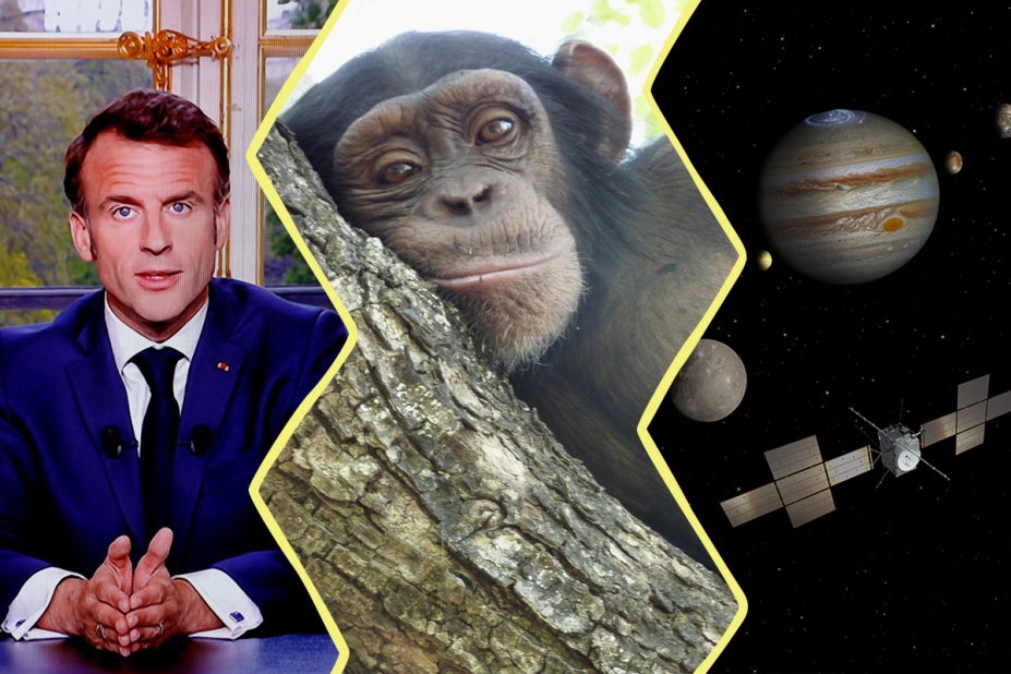 Image formée à partir de 3 photos. À gauche : Emmanuel de Macron lors de son allocution à la télé. Au centre : Chloé allongée sur un tronc d'arbre. À droite : une vue d'artiste de la sonde approchant de Jupiter.