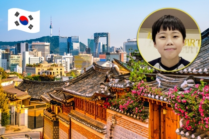 Le portrait de Min-ki et une vue de la ville de Séoul