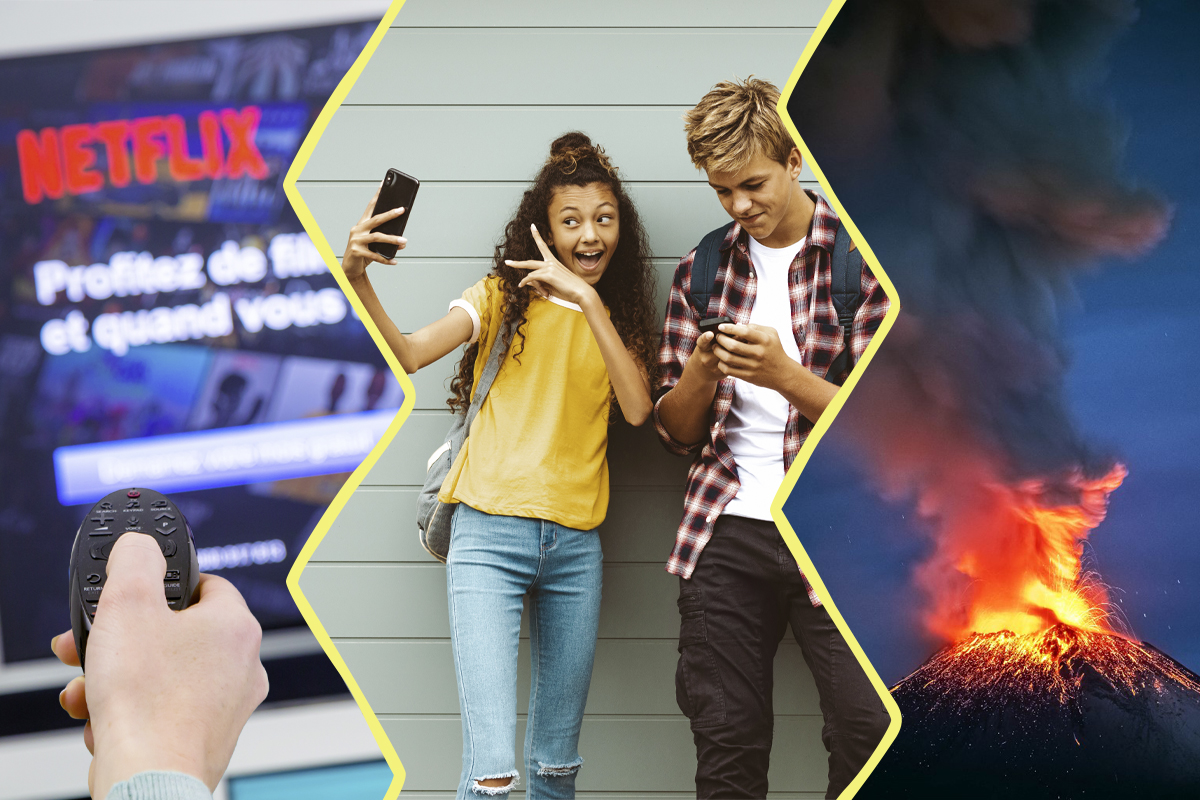 Image composée de 3 photos. À gauche, un écran de télé montrant la page d'accueil de Netflix. Au centre deux ados sur leurs smartphones. À droite, un volcan rougeoyant dans la nuit.
