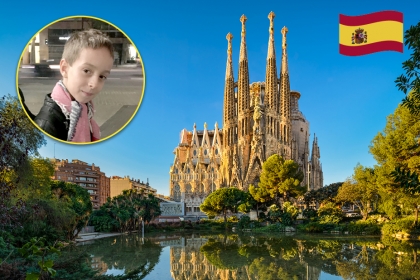 Le portrait de Samuel et une vue de la Sagrada Família, à Barcelone