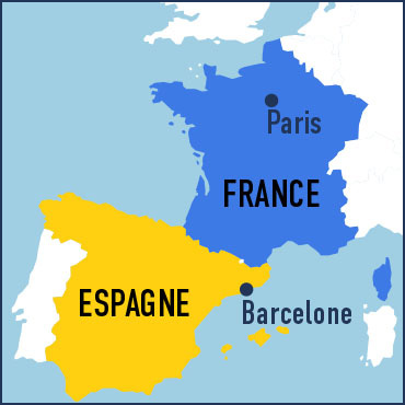 Carte montrant la France et l'Espagne, avec la ville de Barcelone