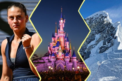 Image constituée de 3 photos. À gauche : la joueuse de tennis ukrainienne Marta Kostyuk. Au centre, le chateau de la Belle au bois dormant de Disneyland Paris. À droite l'Everest.