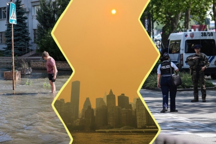 Image composée de 3 photos. À gauche : un enfant ukrainien les pieds dans l'eau. Au centre, une photo de New-York dans un brouillard de fumée orange. À droite : des policiers à Annecy après l'attaque.