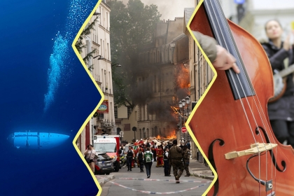 Image faite de 3 photos. À gauche : le sous-marin Tintan s'enfonçant dans l'eau. Au centre : l'immeuble en feu dans le Ve arrondissement de Paris. À droite : un zoom sur un violoncelle.