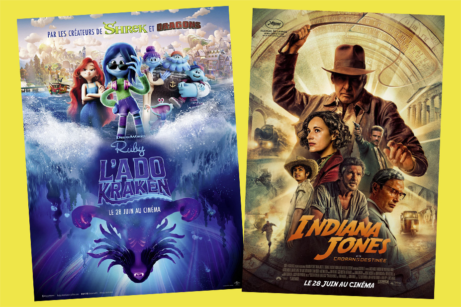 Affiches du film Ruby l'ado kraken, et du film Indiana Jones et le cadran de la destinée.