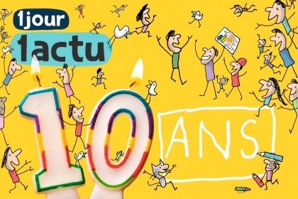 illustration montrant des enfants autour de bougies en photos formant le nombre 10 pour 10 ans