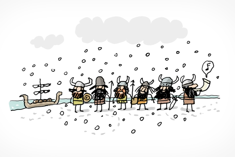 Des vikings débarquent sur une plage sous la neige