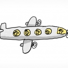 Illustration représentant un avion de ligne en vol. Le pilote et les passagers sont visibles à travers les hublots