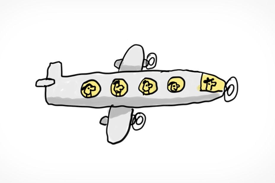 Illustration représentant un avion de ligne en vol. Le pilote et les passagers sont visibles à travers les hublots