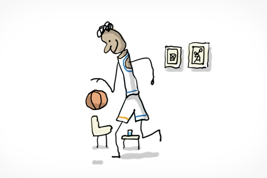 Illustration représentant le joueur de basket-ball Victor Wembanyama dribblant avec un ballon de basket.