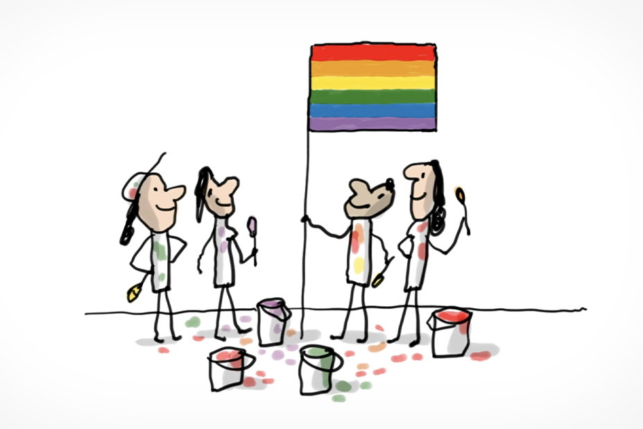 Illustration représentant quatre jeunes personnages souriants. Des pinceaux à la main, ils peignent un drapeau aux couleurs de l'arc-en-ciel.