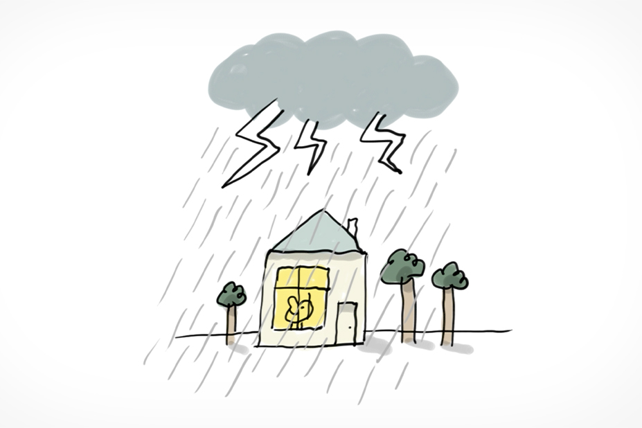 Illustration d'un orage au dessus d'une maison dans laquelle un personnage est à l'abris de la pluie et des éclairs.