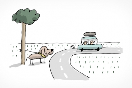 Illustration d'un chien abandonné au bord d'une route, attaché à un arbre. Il pleure en regardant la voiture de ses maîtres s'éloigner.